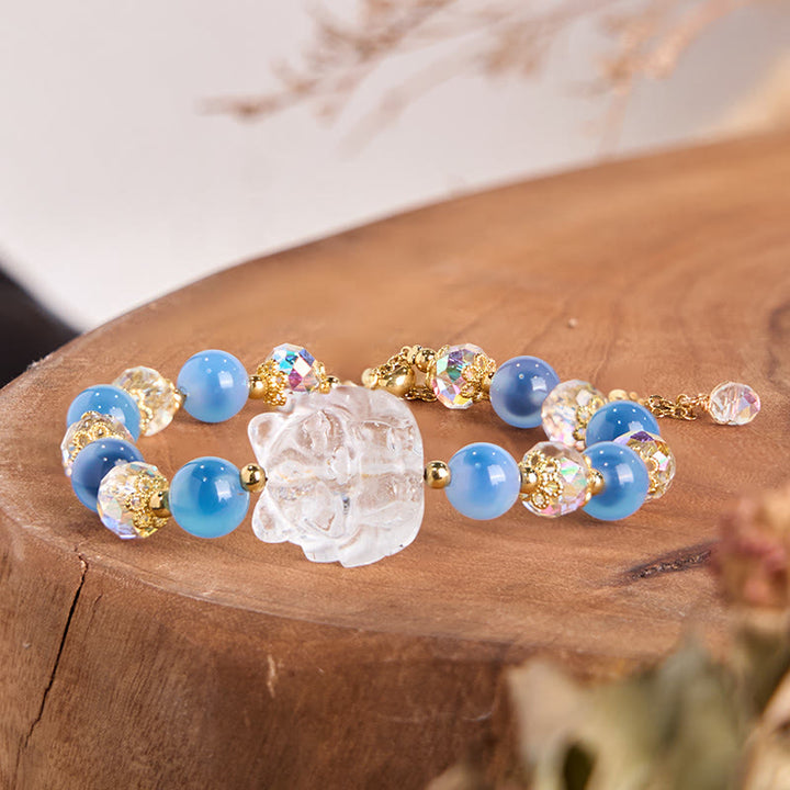 Braccialetto dell'armonia della volpe a nove code in cristallo bianco e agata blu caramella naturale Buddha Stones