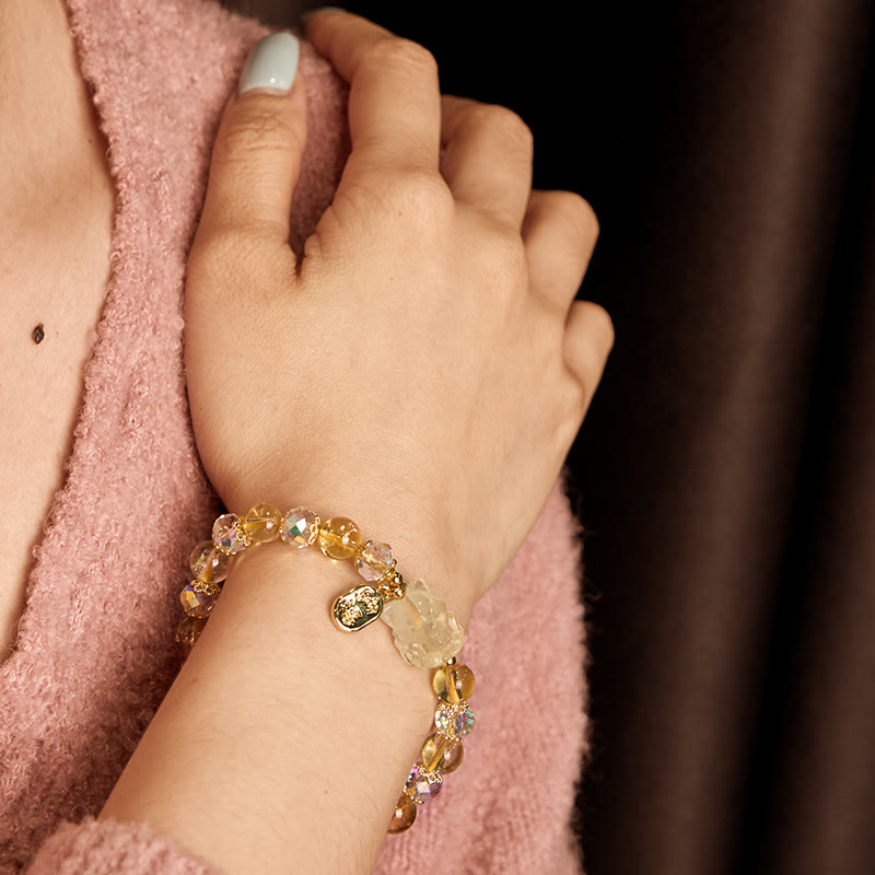 Braccialetto energetico con ciondolo a forma di volpe a nove code, in cristallo bianco citrino naturale Buddha Stones