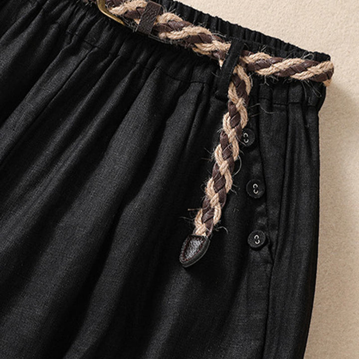 Buddha Stones Casual Tinta Unita Risvolta Polsino Cintura Cotone Lino Pantaloncini da Donna con Tasche