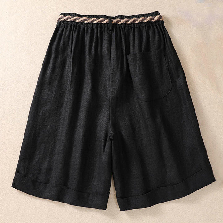 Buddha Stones Casual Tinta Unita Risvolta Polsino Cintura Cotone Lino Pantaloncini da Donna con Tasche