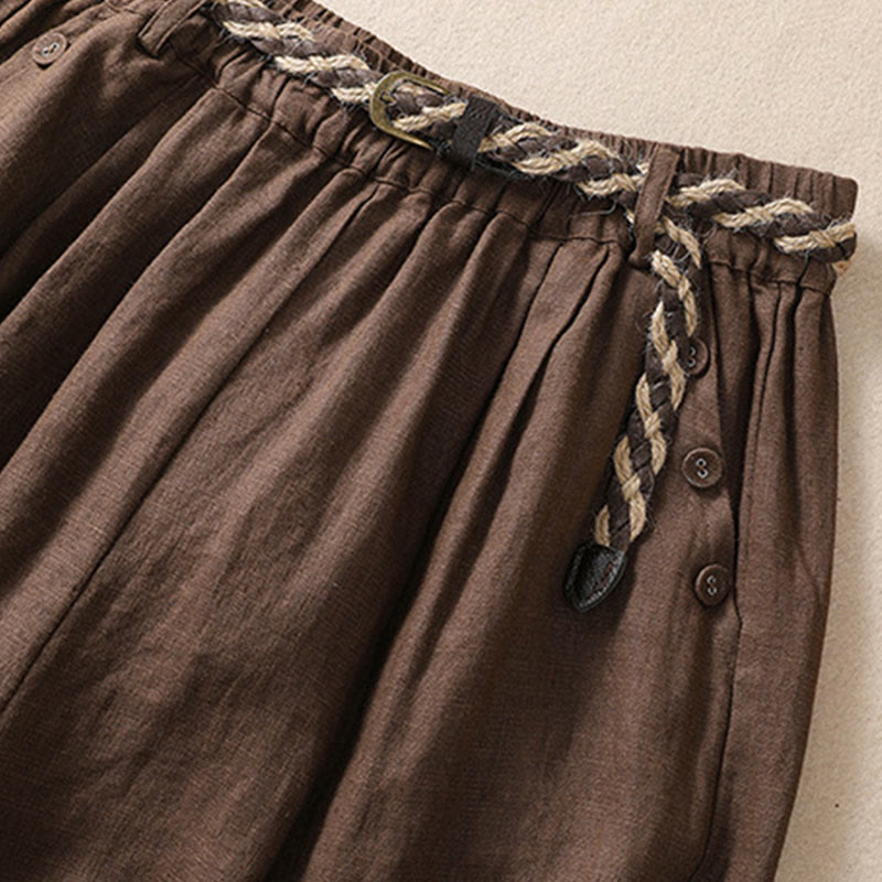 Buddha Stones Casual Tinta Unita Risvolta Polsino Cintura Cotone Lino Pantaloncini da Donna con Tasche