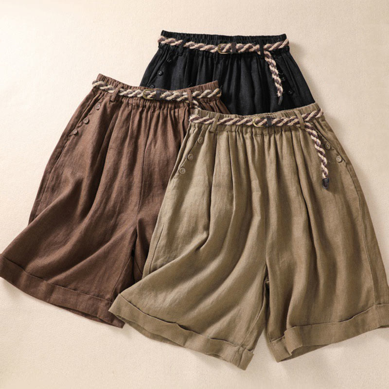 Buddha Stones Casual Tinta Unita Risvolta Polsino Cintura Cotone Lino Pantaloncini da Donna con Tasche