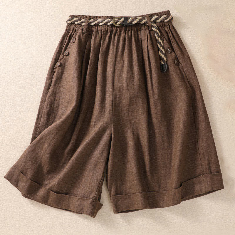 Buddha Stones Casual Tinta Unita Risvolta Polsino Cintura Cotone Lino Pantaloncini da Donna con Tasche