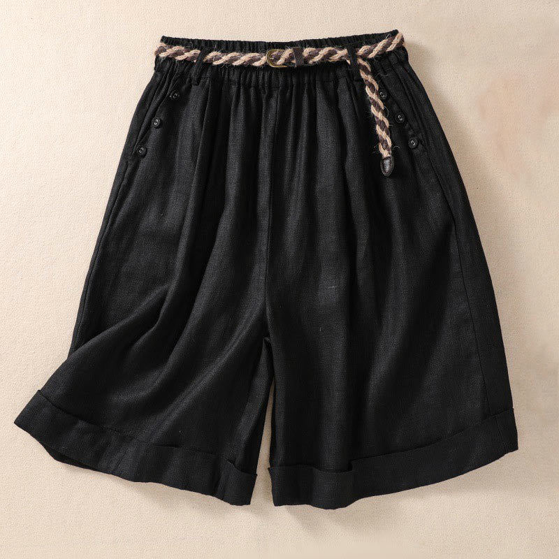Buddha Stones Casual Tinta Unita Risvolta Polsino Cintura Cotone Lino Pantaloncini da Donna con Tasche