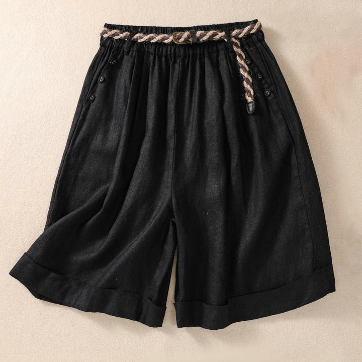 Buddha Stones Casual Tinta Unita Risvolta Polsino Cintura Cotone Lino Pantaloncini da Donna con Tasche