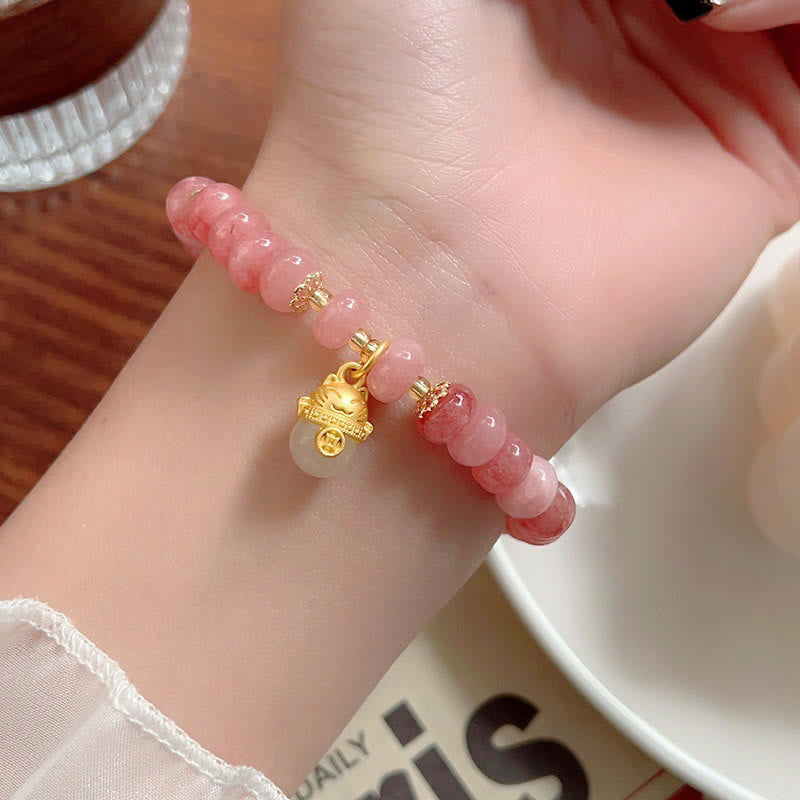 Braccialetto di guarigione con perline di gatto fortunato , Buddha Stones, quarzo fragola, giada ciano - image 9