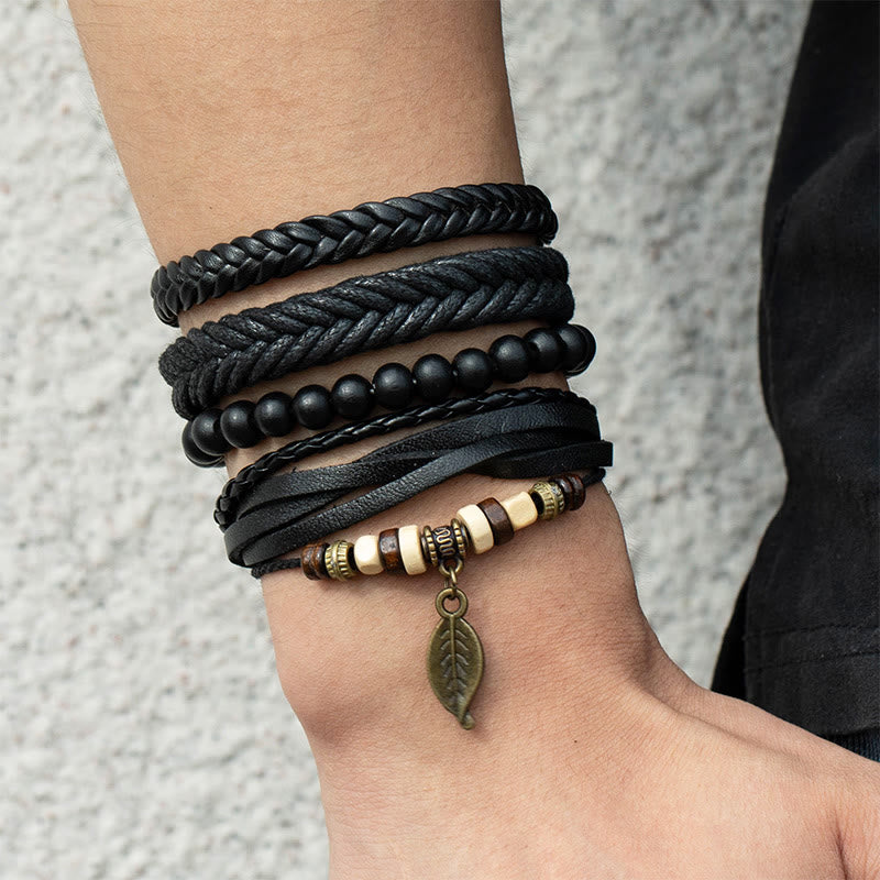 Braccialetto coraggioso con perline di resina intrecciate in pelle multistrato con Buddha Stones foglie