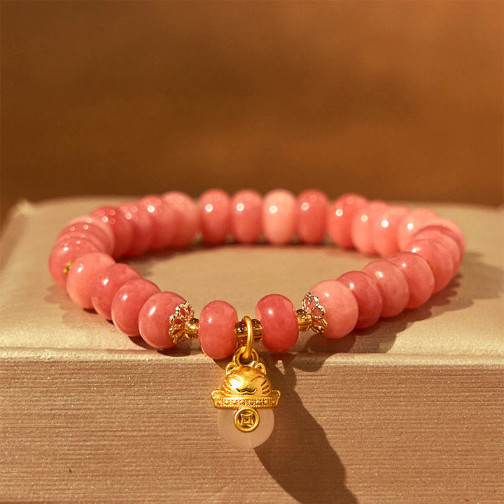 Braccialetto di guarigione con perline di gatto fortunato , Buddha Stones, quarzo fragola, giada ciano - Quarzo fragola (circonferenza del polso: 15-16 cm) - image 1