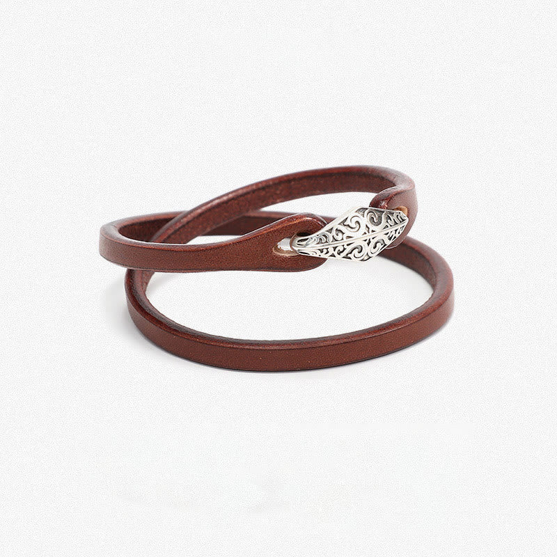 Braccialetto di protezione multigiro in pelle con Buddha Stones in argento sterling 925