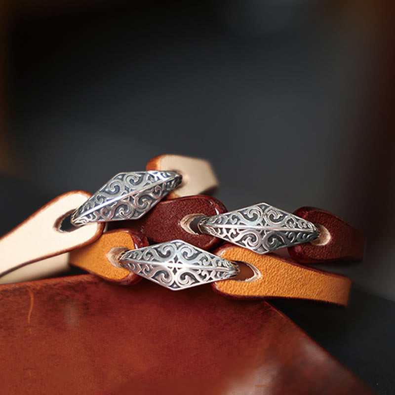 Braccialetto di protezione multigiro in pelle con Buddha Stones in argento sterling 925