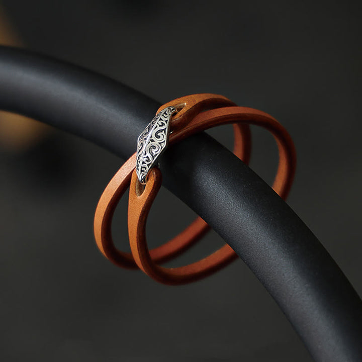 Braccialetto di protezione multigiro in pelle con Buddha Stones in argento sterling 925