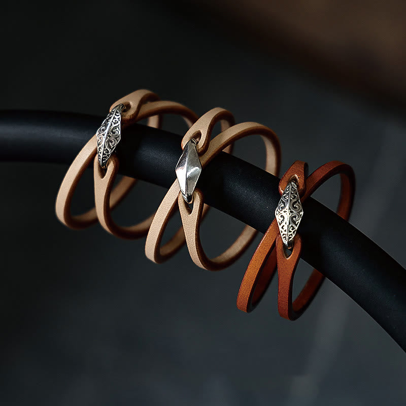 Braccialetto di protezione multigiro in pelle con Buddha Stones in argento sterling 925