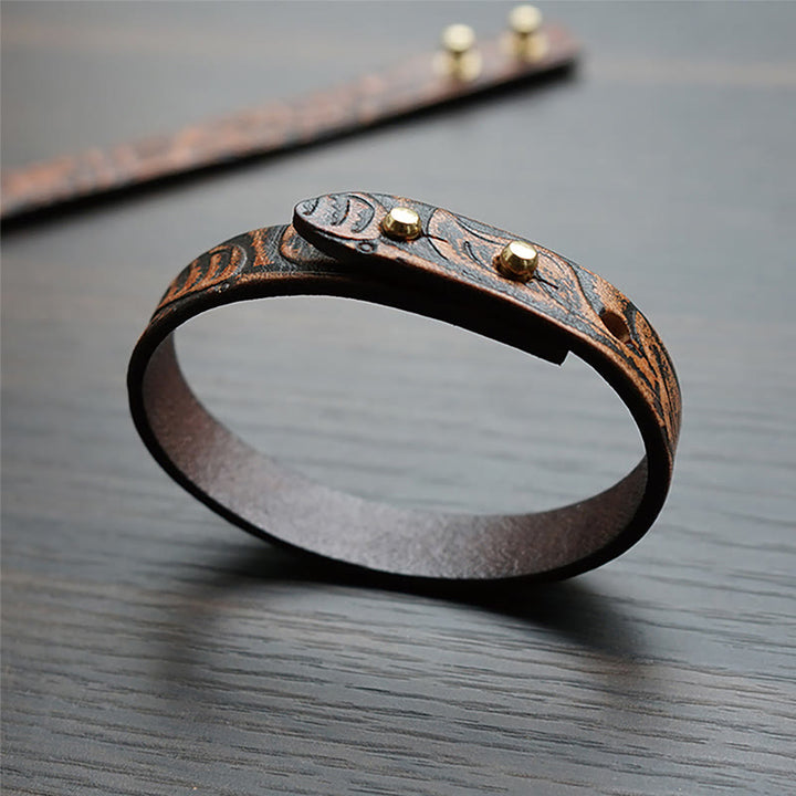 Braccialetto regolabile con fibbia in pelle stampata vintage Buddha Stones
