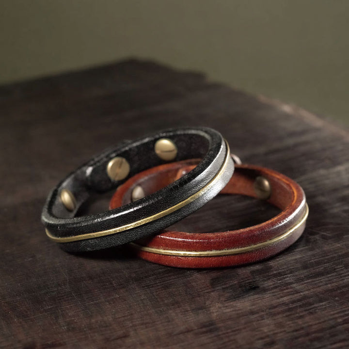 Braccialetto di guarigione in filo di ottone e rame in pelle vintage Buddha Stones