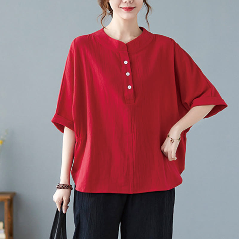 Camicia in cotone e lino a mezza manica con maniche a pipistrello, motivo Buddha Stones, da donna - image 25