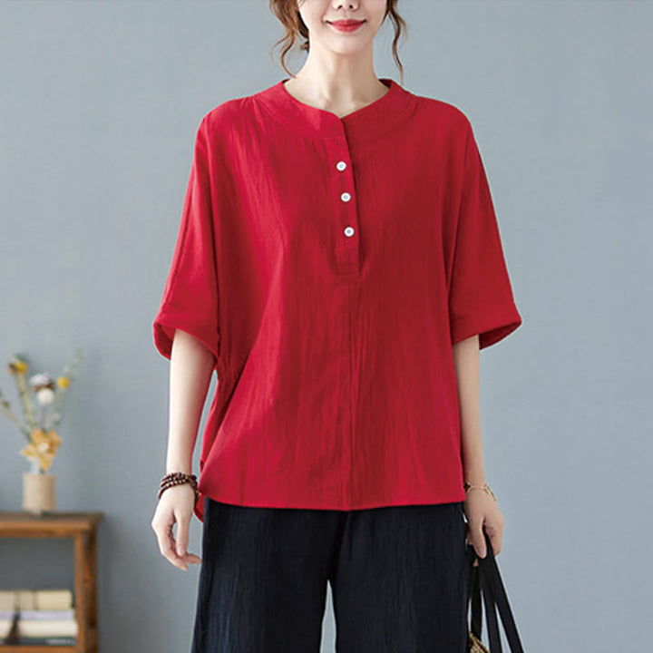 Camicia in cotone e lino a mezza manica con maniche a pipistrello, motivo Buddha Stones, da donna - image 26
