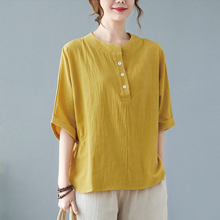 Camicia in cotone e lino a mezza manica con maniche a pipistrello, motivo Buddha Stones, da donna - image 11