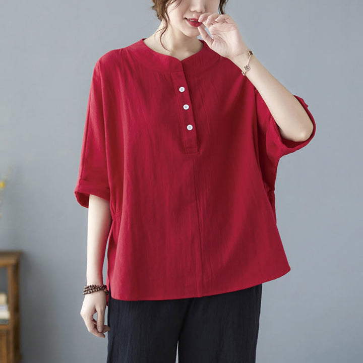 Camicia in cotone e lino a mezza manica con maniche a pipistrello, motivo Buddha Stones, da donna - image 23