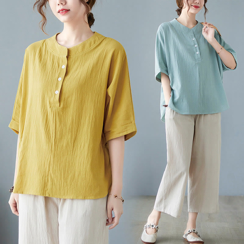 Camicia in cotone e lino a mezza manica con maniche a pipistrello, motivo Buddha Stones, da donna - image 28