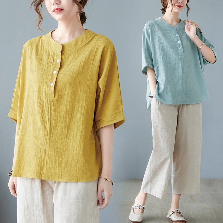 Camicia in cotone e lino a mezza manica con maniche a pipistrello, motivo Buddha Stones, da donna - image 28