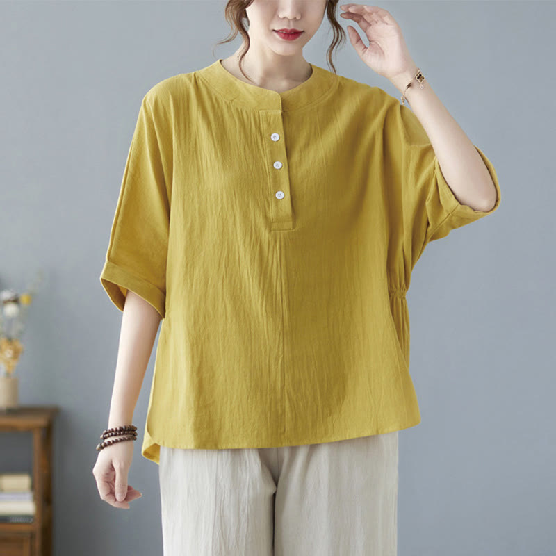 Camicia in cotone e lino a mezza manica con maniche a pipistrello, motivo Buddha Stones, da donna - image 12