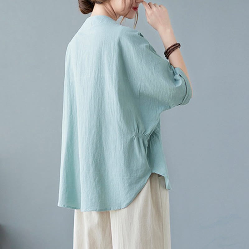 Camicia in cotone e lino a mezza manica con maniche a pipistrello, motivo Buddha Stones, da donna - image 2