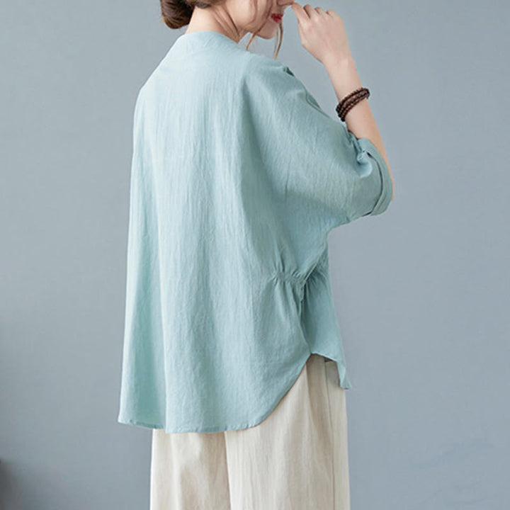 Camicia in cotone e lino a mezza manica con maniche a pipistrello, motivo Buddha Stones, da donna - image 2