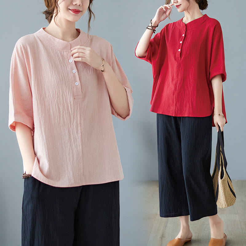 Camicia in cotone e lino a mezza manica con maniche a pipistrello, motivo Buddha Stones, da donna - image 27