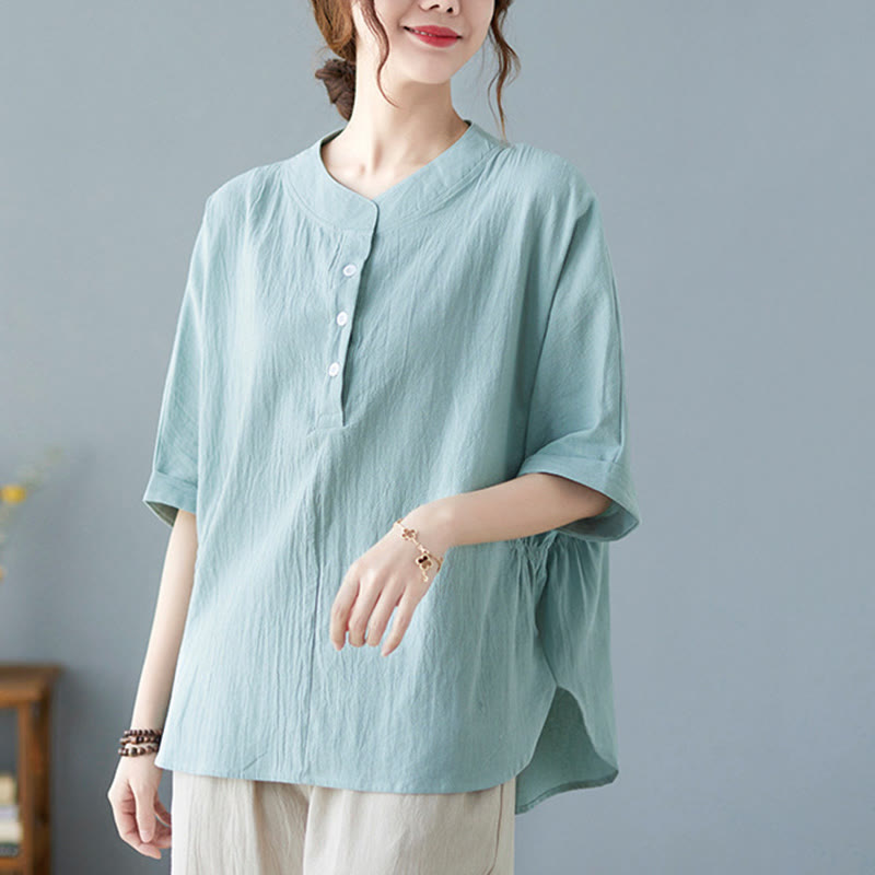 Camicia in cotone e lino a mezza manica con maniche a pipistrello, motivo Buddha Stones, da donna - image 4