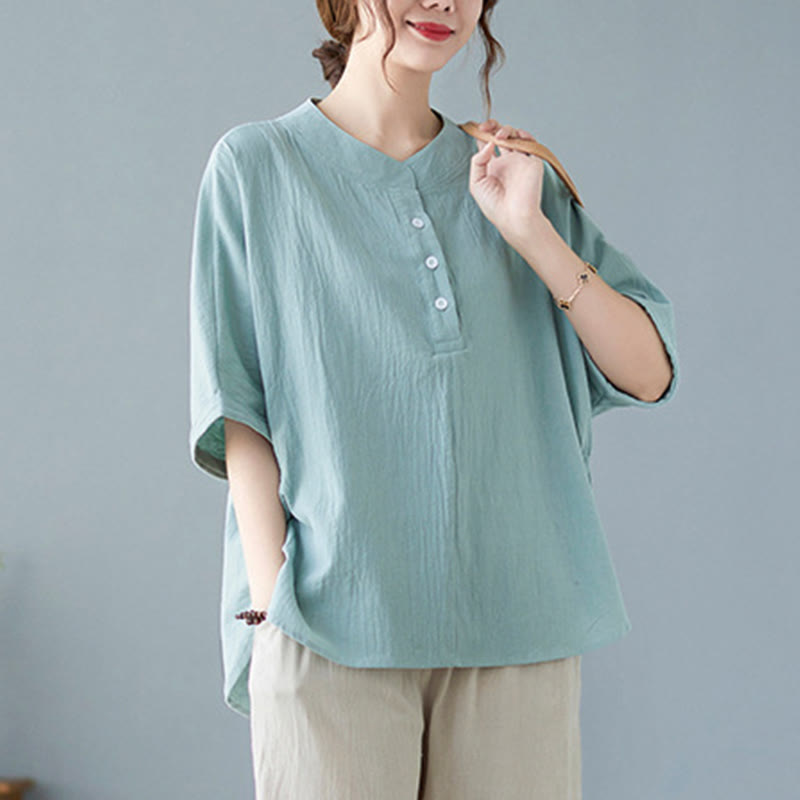 Camicia in cotone e lino a mezza manica con maniche a pipistrello, motivo Buddha Stones, da donna - image 1