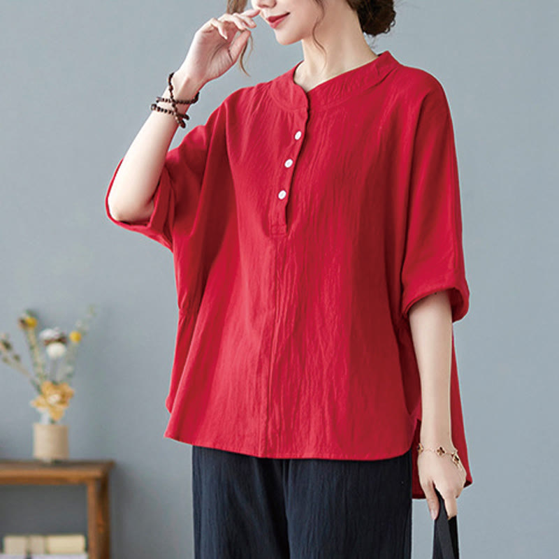 Camicia in cotone e lino a mezza manica con maniche a pipistrello, motivo Buddha Stones, da donna - Rosso - US6, UK/AU10, EU38 (XL) - image 21