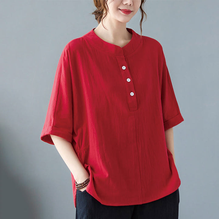 Camicia in cotone e lino a mezza manica con maniche a pipistrello, motivo Buddha Stones, da donna - image 24