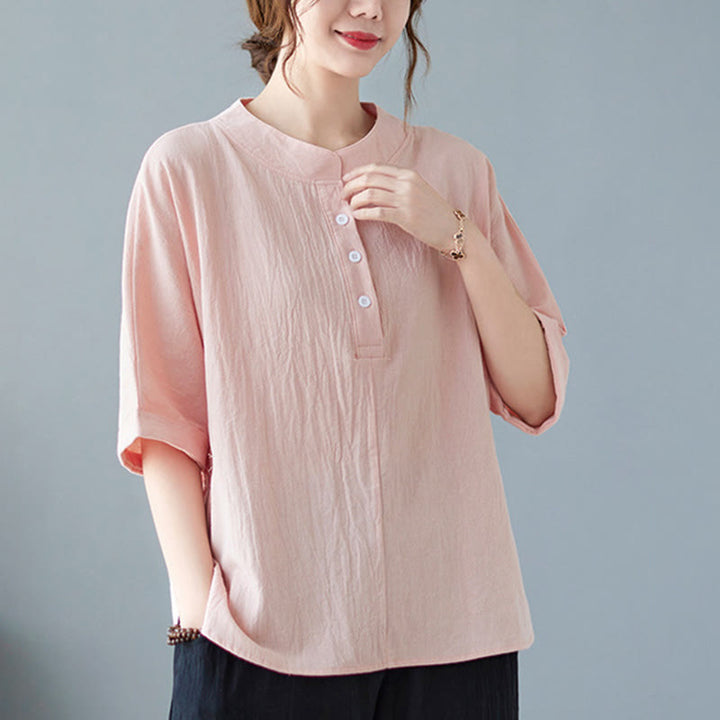 Camicia in cotone e lino a mezza manica con maniche a pipistrello, motivo Buddha Stones, da donna - image 20