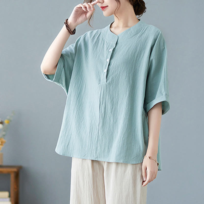 Camicia in cotone e lino a mezza manica con maniche a pipistrello, motivo Buddha Stones, da donna - image 5