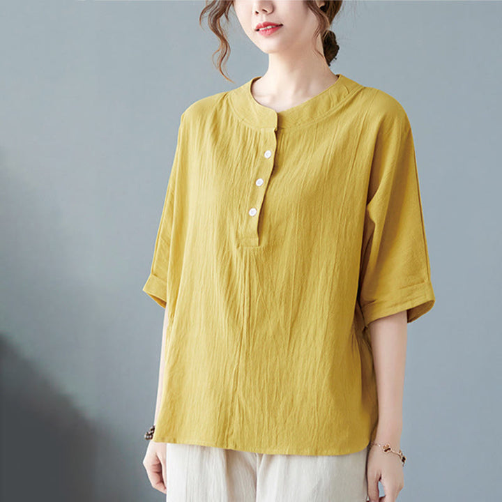Camicia in cotone e lino a mezza manica con maniche a pipistrello, motivo Buddha Stones, da donna - image 14