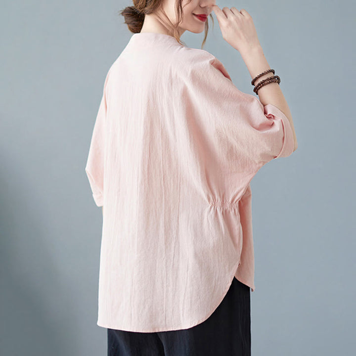 Camicia in cotone e lino a mezza manica con maniche a pipistrello, motivo Buddha Stones, da donna - image 18