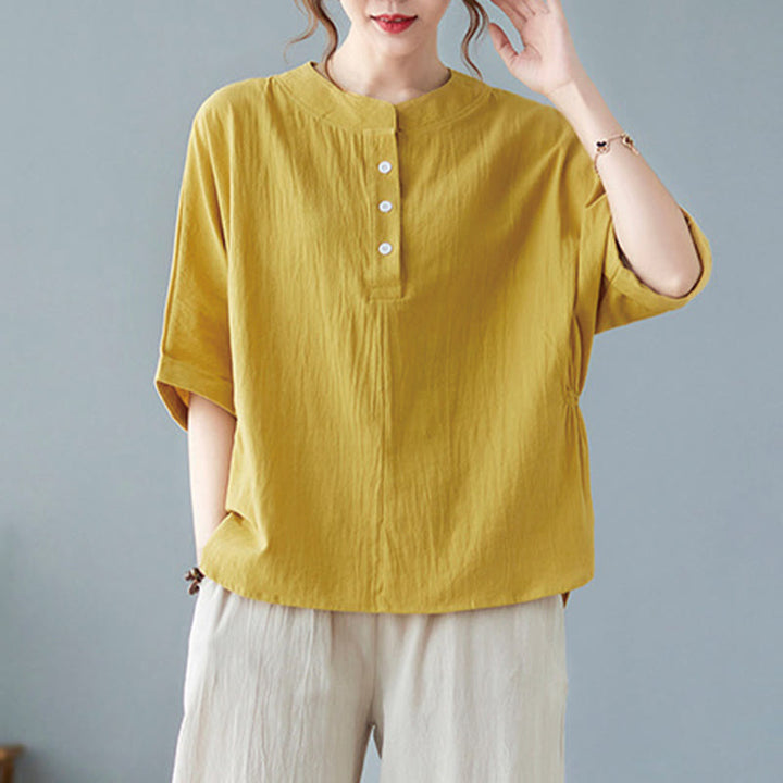 Camicia in cotone e lino a mezza manica con maniche a pipistrello, motivo Buddha Stones, da donna - image 15