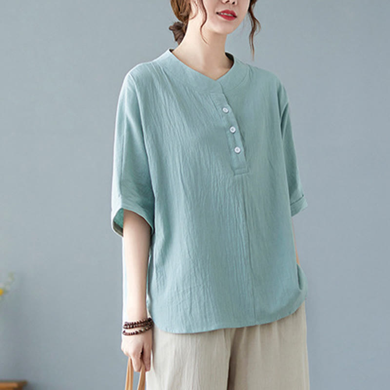 Camicia in cotone e lino a mezza manica con maniche a pipistrello, motivo Buddha Stones, da donna - image 3