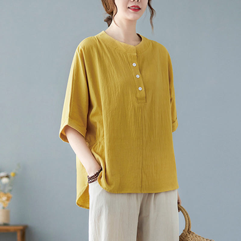 Camicia in cotone e lino a mezza manica con maniche a pipistrello, motivo Buddha Stones, da donna - image 13