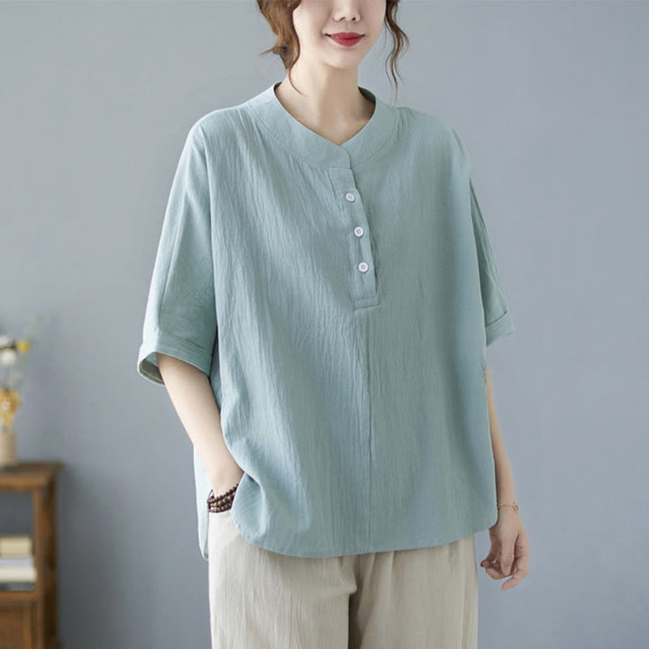 Camicia in cotone e lino a mezza manica con maniche a pipistrello, motivo Buddha Stones, da donna - image 6