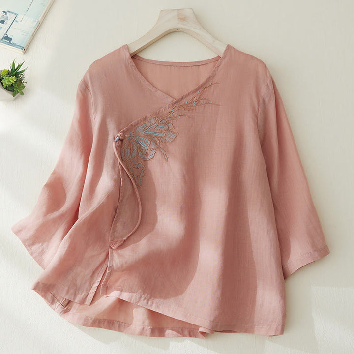 Camicia casual da donna in cotone e lino con maniche a tre quarti e ricamo di piante, motivo Buddha Stones - MistyRose - US8-10, UK/AU12-14, EU40-42 (2XL) - image 1