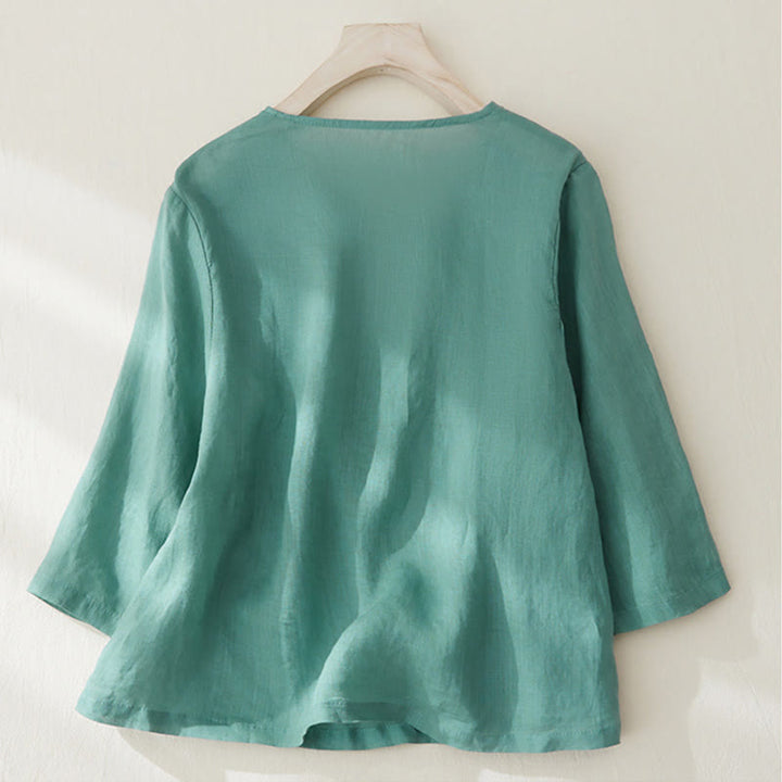 Camicia casual da donna in cotone e lino con maniche a tre quarti e ricamo di piante, motivo Buddha Stones - image 22