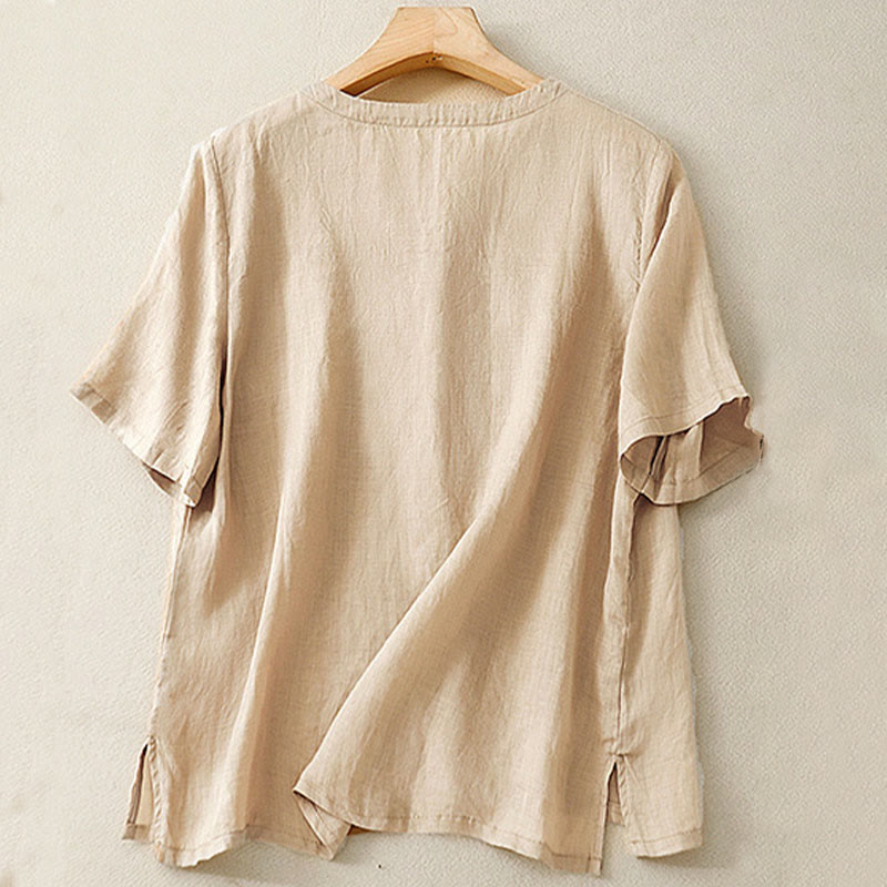 Camicia casual da donna in cotone e lino con scollo a V e fiori ricamati, manica corta, modello Buddha Stones