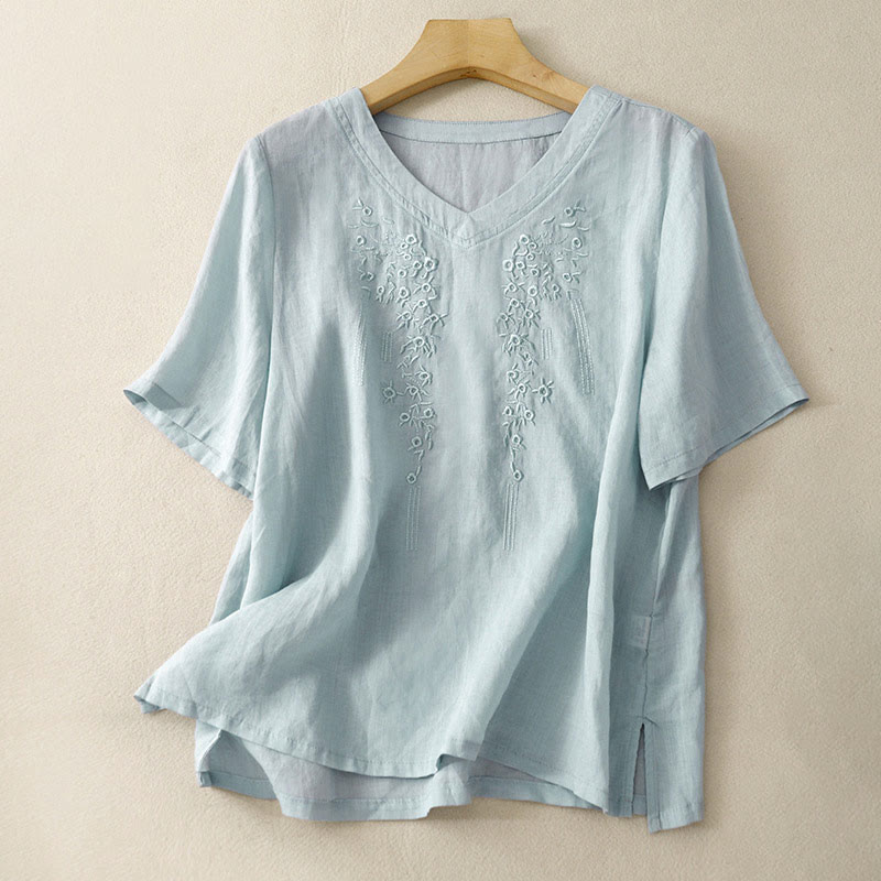 Camicia casual da donna in cotone e lino con scollo a V e fiori ricamati, manica corta, modello Buddha Stones