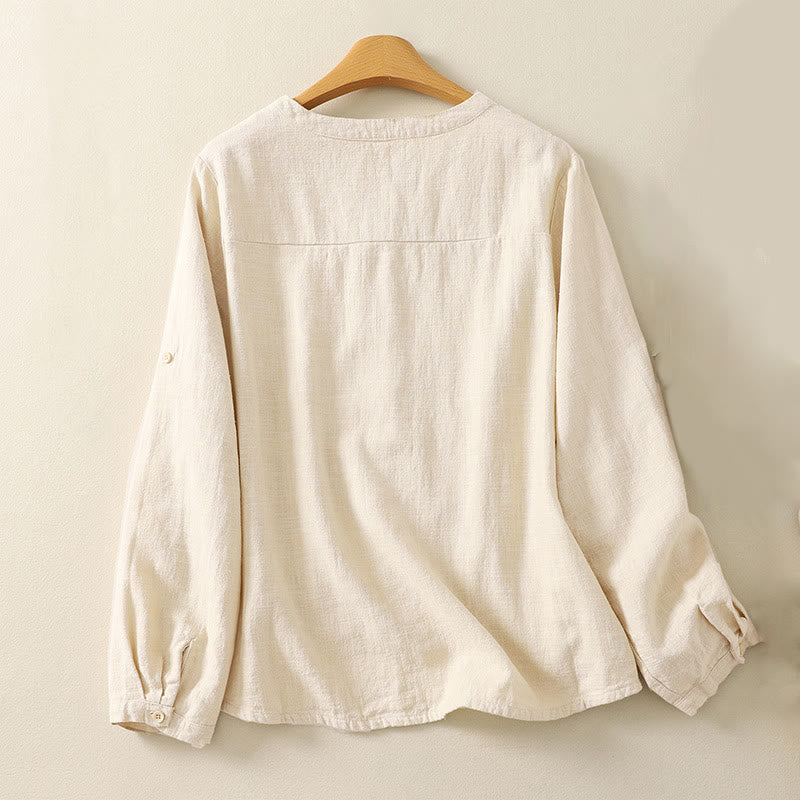 Camicia casual da donna in cotone e lino con colletto alto e maniche lunghe, modello Buddha Stones - image 5