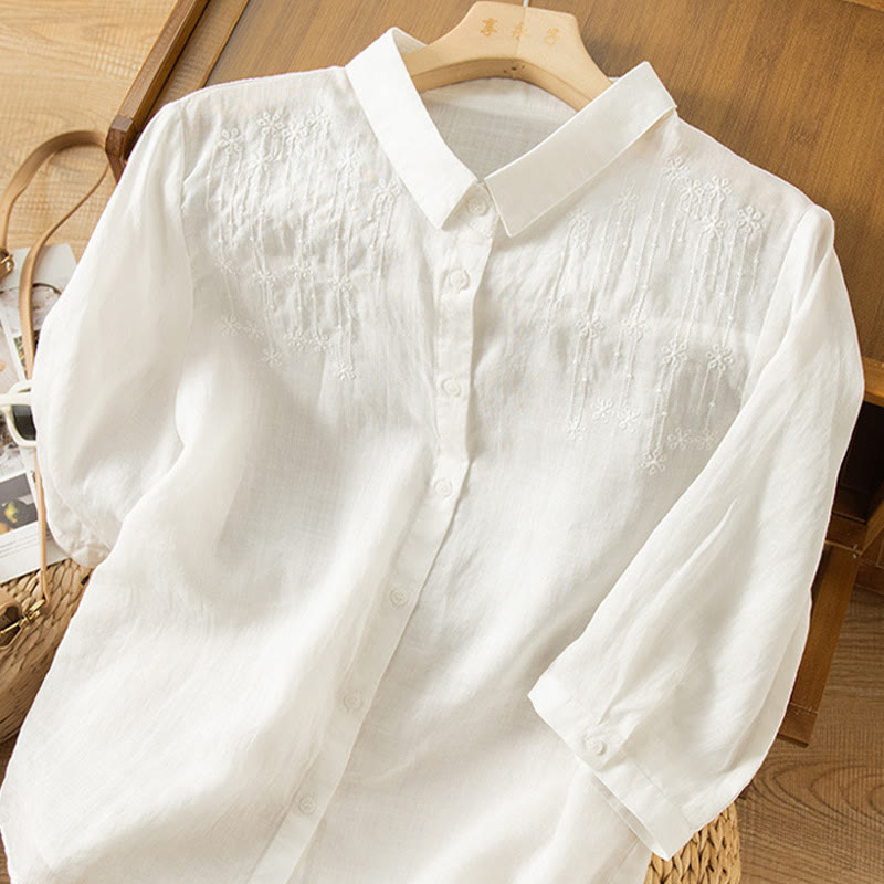 Camicia in cotone e lino con colletto rialzato e maniche corte, casual, da donna, con ricamo Buddha Stones