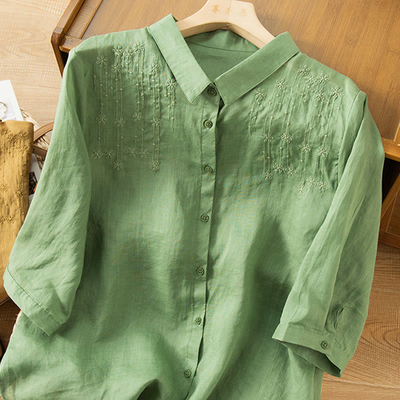 Camicia in cotone e lino con colletto rialzato e maniche corte, casual, da donna, con ricamo Buddha Stones