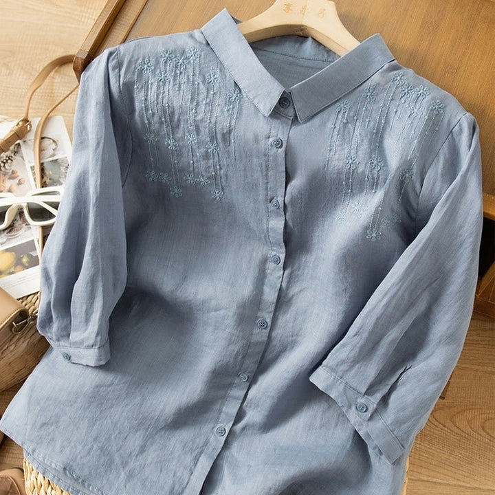 Camicia in cotone e lino con colletto rialzato e maniche corte, casual, da donna, con ricamo Buddha Stones