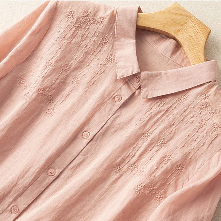 Camicia in cotone e lino con colletto rialzato e maniche corte, casual, da donna, con ricamo Buddha Stones