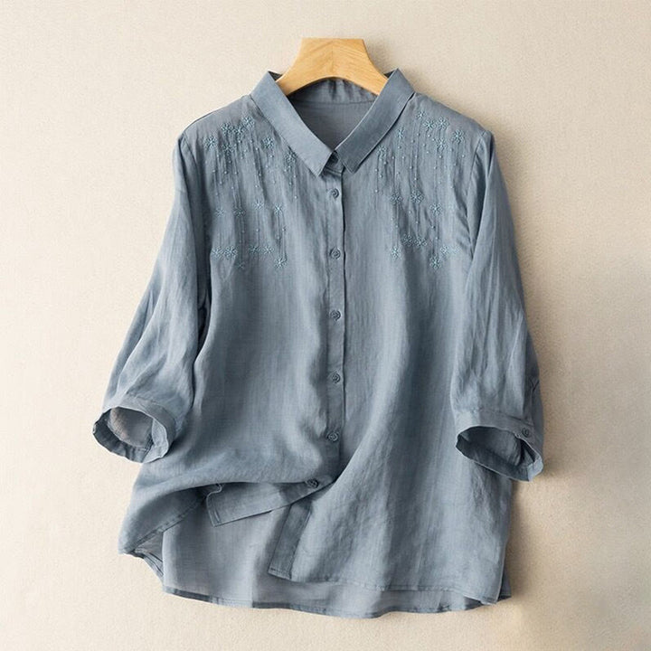 Camicia in cotone e lino con colletto rialzato e maniche corte, casual, da donna, con ricamo Buddha Stones